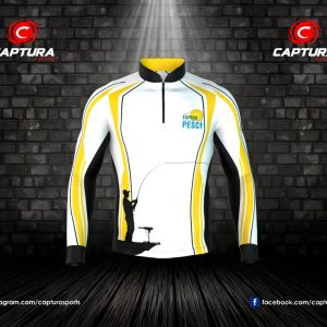 Camiseta Espaço Pesca em Dry Pionner gola alta com ziper – manga longa – Modelo 2 (Branca, Amarela e Preta) – Masculina