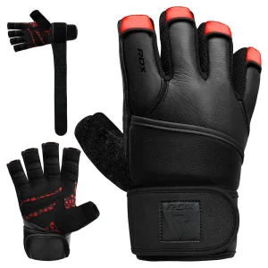 RDX L7 Luva Ginástica De Levantamento De Peso Em Couro Vermelho & Preto
